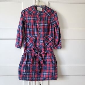 Von Dutch Red And Blue Plaid Long Sleeve Button Down Mini Dress